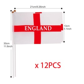 12Pcs England Flags on Sticks for St, George's Day Decorations,St Georges Flags England Hand Held Small Flags with 30cm White Pole(14 x 21cm)