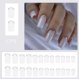 Mirror White Press on Nails with Silver Glitter Glue on Nails Medium Square False Nails Glossy Artificial Stick on Nails for Women Girls