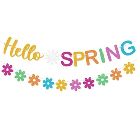 Hello Spring Banner Colorful Glitter Daisy Flowers Spring Banner Garland Spring Easter Party Decorations for Spring Party Supplies Wall Mantle Fireplace Yard Home Indoor Outdoor