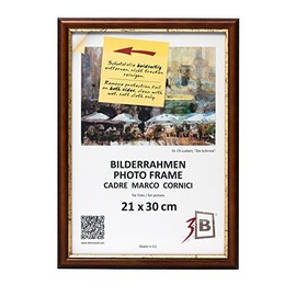 3-B Bari Rustic Picture Frame, Dark Brown/Gold, 21 x 29.7 cm (A4), Wooden Frame, Pine Photo Frame, Portrait Frame with Acrylic Glass
