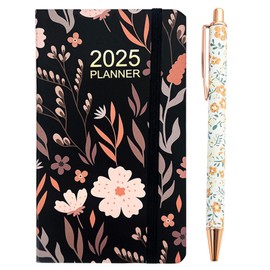 Pocket Diary 2025-A6 Week to View Diary 2025 with Pen 3.62IN*6.18IN Flowers Small Pocket Diary 2025 with Elastic Closure Jan. 2025-Dec. 2025 for Students, Teachers, Work & More Schedules Diary (Black)