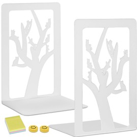 Qualsen Pack of 2 Metal White Bookends, Trees and Cat Bookends, Bookends with Non-Slip, Decorative Bookends, Bookends for School, Home, Office, School Supplies