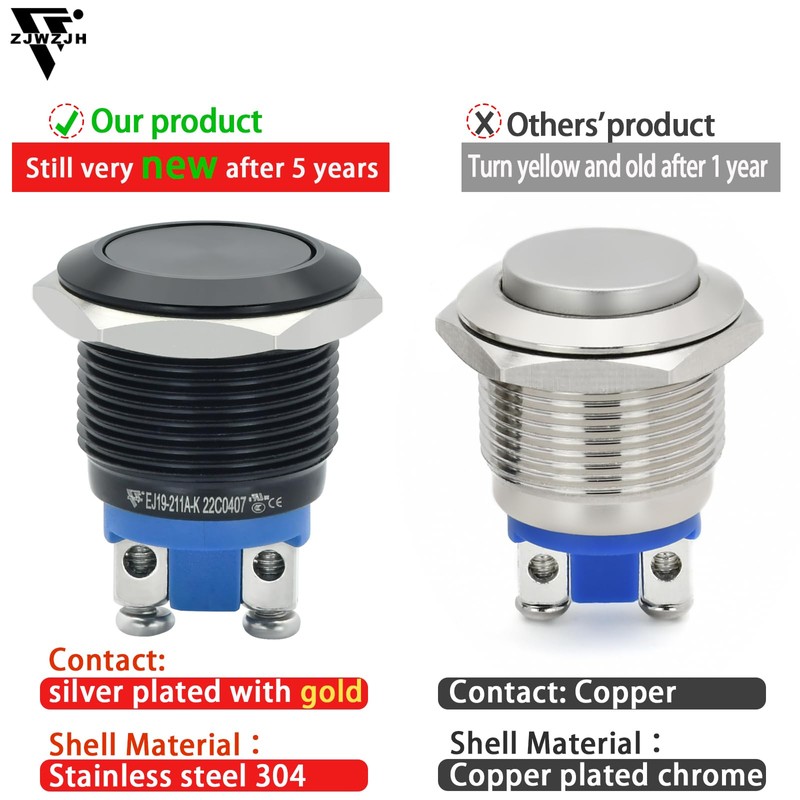 2Pcs 19mm Push Button Switch 3/4" Black Momentary Waterproof IP67