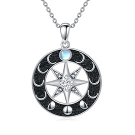 VONALA Moon Phase Compass Necklace, 925 Sterling Silver Moonstone Compass Pendant Necklace Compass Jewelry for Women/Men