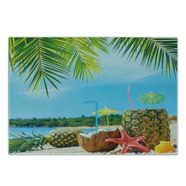 Ambesonne Tropical Cutting Board, Fresh Summer Fruits Coconut and Pineapple Drinks at Exotic Beach Palm Trees, Decorative Tempered Glass Cutting and Serving Board, Small Size, Blue and Green