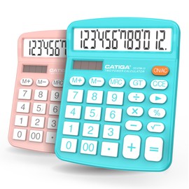 CATIGA Desktop Calculator (2 Pack) 12 Digit with Large LCD Display and Sensitive Button, Solar and Battery Dual Power, Standard Function for Office, Home, School, CD-2786 (Light Blue/Light Pink)