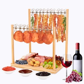 HOSASSPER Bacon Display Clothesline Serving Tray Rack, Bacon Display Hanger Stand for Smoking, Bamboo Double Bacon Hanging Holder with 3 Dipping Bowls for Bacon Lovers Funny Gifts
