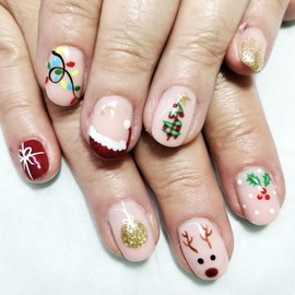 Christmas Candy Cane Press on Nails Deer Acrylic Fake Nails Short Square Glossy Gold Glitter False Nails Christmas Hats Stick on Nails Christmas Tree Gel Glue on Nails for Coquette Women Girls 24 Pcs