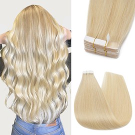 Silk-co Tape in Hair Extensions Real Straight Human Hair 20 inch 10 Pieces #613 Bleach Blonde Remy Hair Extension Seamless Straight