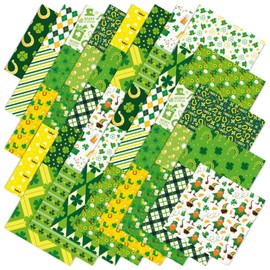 40Pcs St. Patrick's Day Squares Fabric Cotton Fabric Bundles Small Green White Shamrock Clover Quilting Coin Shoe Sewing Fabrics for Irish Holiday DIY Sewing Craft Decor, 10 x 10 Inch
