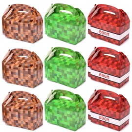 18pcs Pixel Theme Gift Box Bags, 3 Colors Video Game Goodie Theme Gift Treat Boxes with Handle Foldable Pixel Goody Party Favors for Boys Girls Birthday Decorations Supp;Lies (Green/Brown/Red)