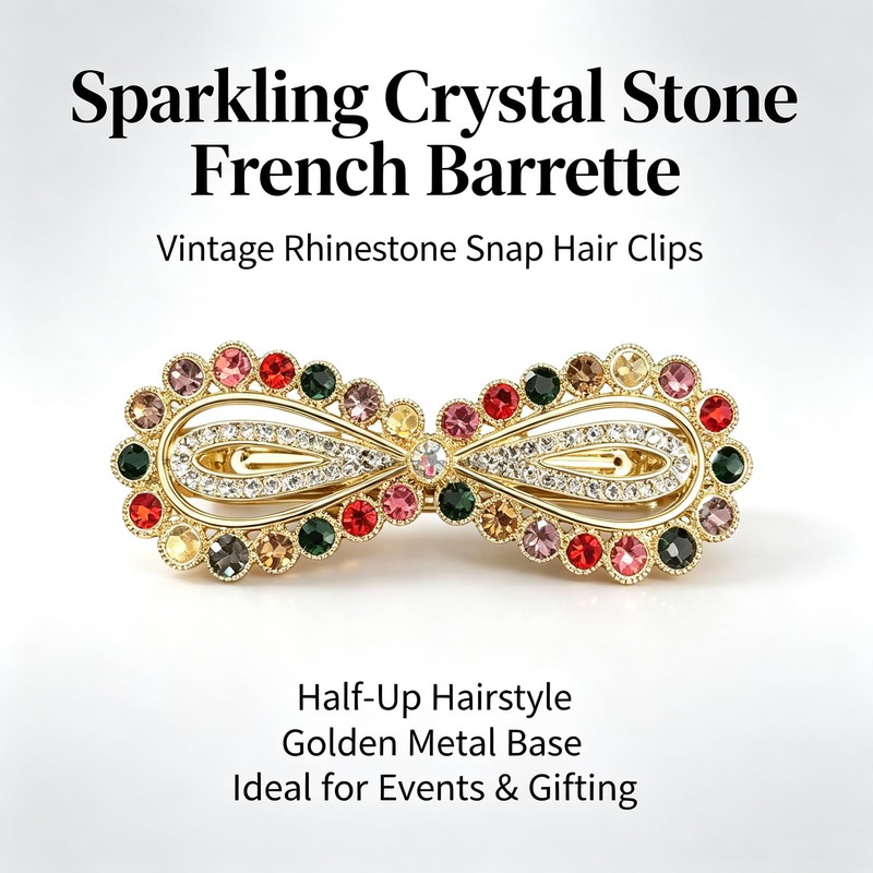 Sparkling Crystal Stone French Barrette，Vintage Rhinestone Snap Hair Clips