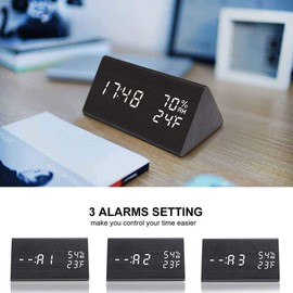 Digital Alarm Clock, Wooden Alarm Clock with Electronic LED Time Display, Humidity & Temperature Detect 3 Alarm Settings 3 Level Brightness Electric Clock for Bedroom Bedside Desk (Black wood)