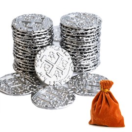 100 Metal Pirate Coins, Silver Treasure Coin Set, Metal Replica Spanish Doubloons for Board Games Tokens, Kids Cosplay Pirate Party Treasure Chest Coin (1.18'')