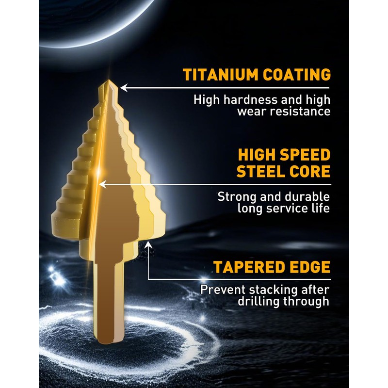 COMOWARE Step Drill Bit for Metal, Titanium Coated, Double Cutting