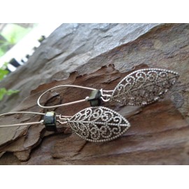 Filigree decorated leaf and mother of pearl earrings, long earrings on long kidney hooks in green