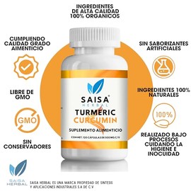 Turmeric Cúrcuma 100% Pura Con 120 Cápsulas Saisa Herbal