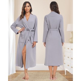 Sopesil Women Dressing Gown Waffle Full-Length Robe Lightweight Luxury Bathrobes Soft Loungewear Sleepwear Spa and Hotel for All Year Light Grey,XL