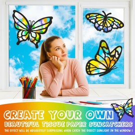 Zonon 9 Pcs Butterfly Suncatcher Craft Kit DIY for Window Stained Glass Effect Spring Summer School Classroom Tissue Art Craft with 12 Colors Large Paper Creative Activity Gift Decoration Party Favors
