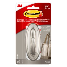 3M Command 17053BN Traditional Plastic Hook, Large, Brushed Nickel