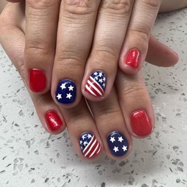 Independence Day Press on Nails Short Square Glossy United States Flag Design Full Cover French False Nails Red White Blue Tricolor Fake Nails Artificial Acrylic Nails Glue on Nails for Women July 4