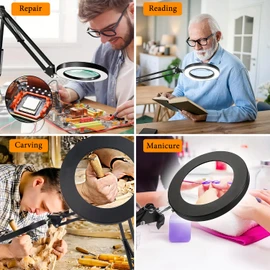 15X Magnifying Glass with Light – Real Glass Lens, 3 Color Modes & Adjustable Brightness – 2-in-1 Desk Lamp with Clamp & Heavy Base – Flexible Swing Arm – Ideal for Crafts, Reading, Repair, Seniors