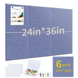 Large Felt Cork Board for Wall 36"x24" 6 Pack 11.8"x11.8" Light Blue Bulletin Board Tiles with 60 Safe Removable Adhesive Tabs and 60 Push Pins, Corkboard Alternative for Wall Office Home