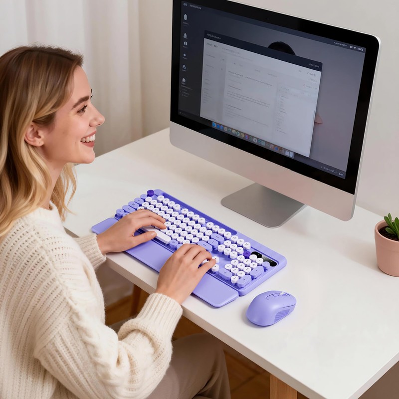 Hamile Wireless Keyboard and Mouse Combo, Retro Typewriter Style, Purple