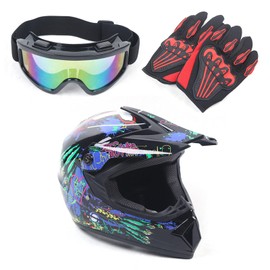 Motorcycle Helmet, Gloves & Sunglasses GDAE10 Motocross ATV Dirt Bike MTB Safety Riding Racing Protector Kit Glasses Goggles for Kids Adult (Black, Large)