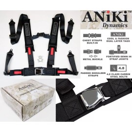 Aniki Dynamics 2X ANIKI BLACK 4 POINT AIRCRAFT BUCKLE SEAT BELT HARNESS w/ ULTRA SHOULDER PAD