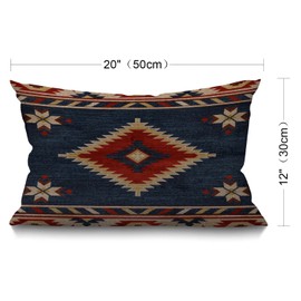 BGBDEIA Oblong Cushion Cover Farmhouse 12x20 Inch Soft Linen Throw Pillowcase Vintage Southwest American Aztec Blue Red Pillow Cover for Couch Bed Sofa Chair,30 x 50 cm