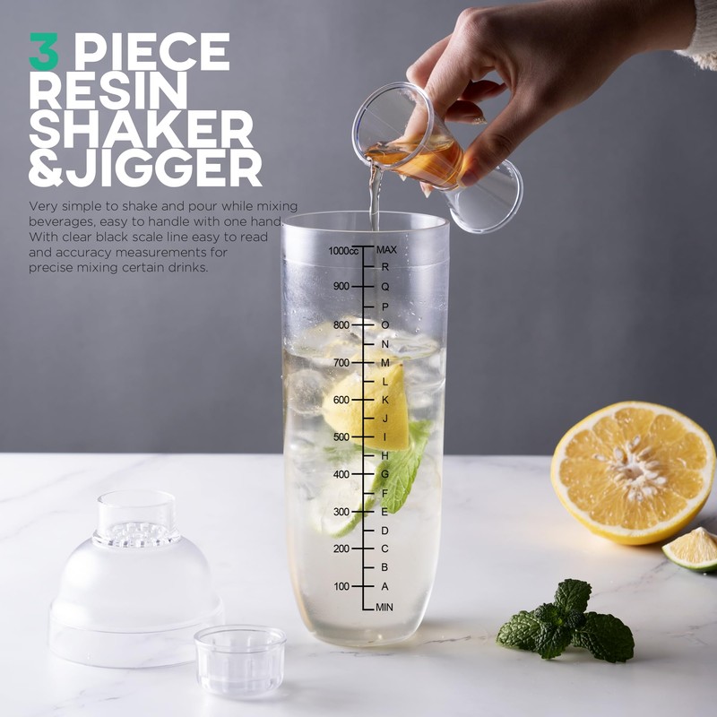 Homestia 2Pcs Plastic Cocktail Shaker with Double Jigger Set, 33oz/1000cc