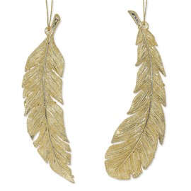 CF Collection Feather Christmas Tree Ornaments [Set of 2] 6.25in (Gold with Gold Glitter)