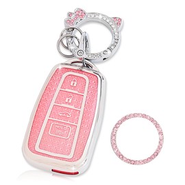 YILINXI Key Fob Cover with Cat Clip Keychain& Push to Start Button Ring, Car Key Shell Compatible with Toyota Highlander RAV4 Camry Avalon C-HR Corolla GT86 2018-2024 for Women, Pink-4 Buttons