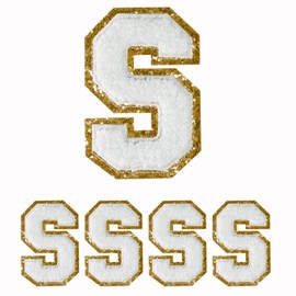 4 PCS Letter Patches, Gold Glitters Patches & white Chenille, Decorative Repair Embroidered Patches Sew On Patches for Clothing Repairing Hats Shirts Shoes Jeans Bags letter S