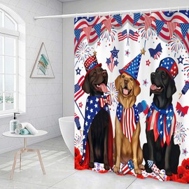 Independence Day Shower Curtain for Bathroom, 4th of July Patriotic Dog Bathtub Decor with American Flag Fireworks Cute Cartoon Dogs Art Printed Waterproof Polyester Fabric Curtain Sets with Hooks