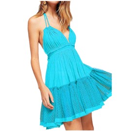 ForeMode Vestido corto de verano con cuello en V profundo para mujer, bohemio, sin espalda, Azul claro, S