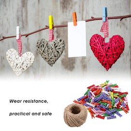 200Pcs Colorful Wooden Clothespins, Mini Wooden Photo Clips Craft Hanging Peg Pins with 50M Jute Twine