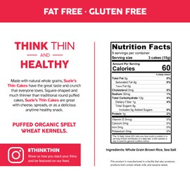 Suzie's Organic Thin Rice Puffed Cakes, 12 Pack, Brown Rice Lightly Salted, USDA Organic, NON-GMO, Fat-Free, Sugar-Free, Gluten-Free, Low-Calorie Snack, Only 18 Calories Per Slice