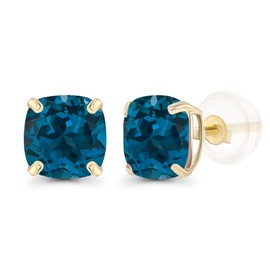 Solid 14K Yellow Gold 6mm Cushion Natural London Blue Topaz December Birthstone Genuine Stud Earrings For Women