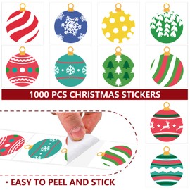 BANPUBASE 1000Pcs Christmas Stickers 1.5 Inch Christmas Ball Sticker Roll Elk Christmas Tree Snowflake Polka Dot Pattern Label Stickers for Seals Cards Candy Bags Gift Envelopes, 10 Designs