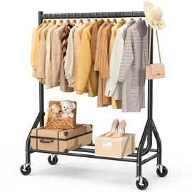 EAGMAK Heavy Duty Clothes Rack Load 420 LBS, Rolling Garment Rack with Lockable Wheels, Standing Metal Clothing Rack with Shelves, Portable Wardrobe Sturdy Coat Rack for Hanging Clothes (Black)