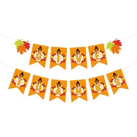 ASIJUNTYECHO Thanksgiving Day Turkey Banner, Give Thanks Banner, Maple Leaves Thanksgiving Party Decorations, 118.11 inches (L x W), Brown and Red/Orange