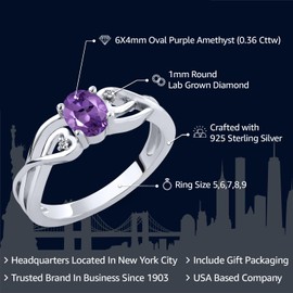Gem Stone King 925 Sterling Silver Oval Purple Amethyst and White Lab Grown Diamond Ring For Women (0.36 Cttw, Gemstone Birthstone, Available In Size 5, 6, 7, 8, 9)