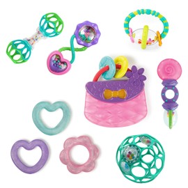 Bright Starts Everything Nice Juguetes de Dentición Conjunto de 9 Piezas - Sonajeros sin BPA y Mordedores Enfriables, Juguetes para Bebés Morados y Rosados, 3 Meses+