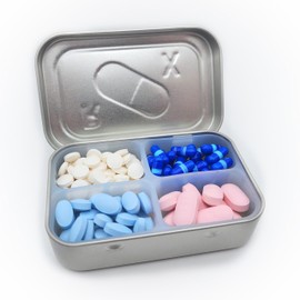 Generic Travel Pill Tin - Quality Portable Medication Storage Solution Embossed Tin Design with Silicone Divider Insert (4 Compartments)