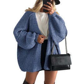 PRETTYGARDEN Womens Oversized Cardigan Sweaters 2025 Fall Long Lantern Sleeve Knit Open Front Lightweight Sweater (Haze Blue,Medium)