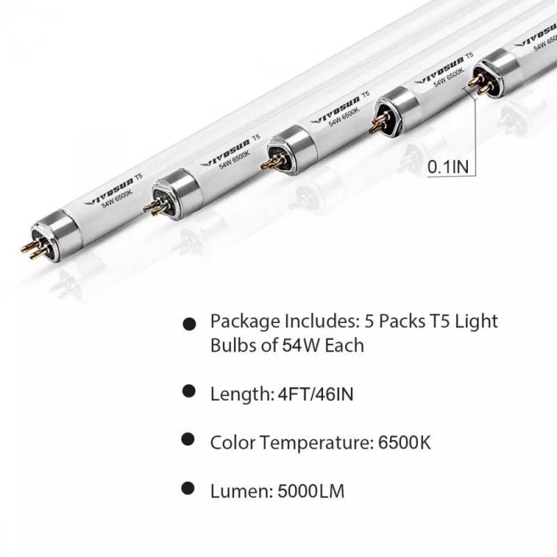 VIVOSUN Grow Lamps 5 Packs 4FT/46IN 6500K T5 Fluorescent Grow