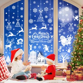 Christmas Window Stickers Reusable, Wentsent 256 PCS Christmas Window Clings Decorations Double Sided PVC Static Santa Claus Reindeer White Snowflake Xmas Window Stickers for Winter Party Supplies