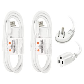EP Paquete de 2 cables de extensión de enchufe plano de 6 pies, 16 AWG, 3 clavijas, cable de extensión de perfil bajo blanco para interiores, listado UL